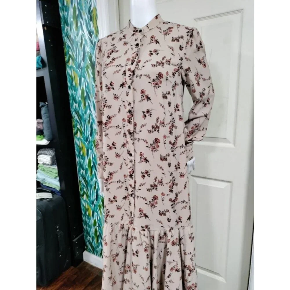 Begonia Puff Long Sleeve High Neck  Floral Print Hi-Low Dress Beige Womens Small - Picture 3 of 15